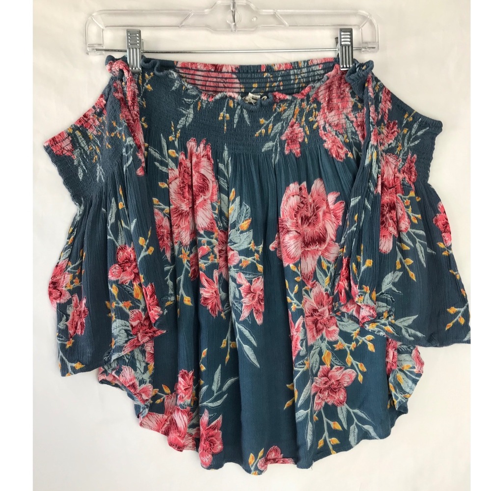 Billabong Womens Floral Off Shoulder Smocked Bell Sleeve Top Blue Pink Medium